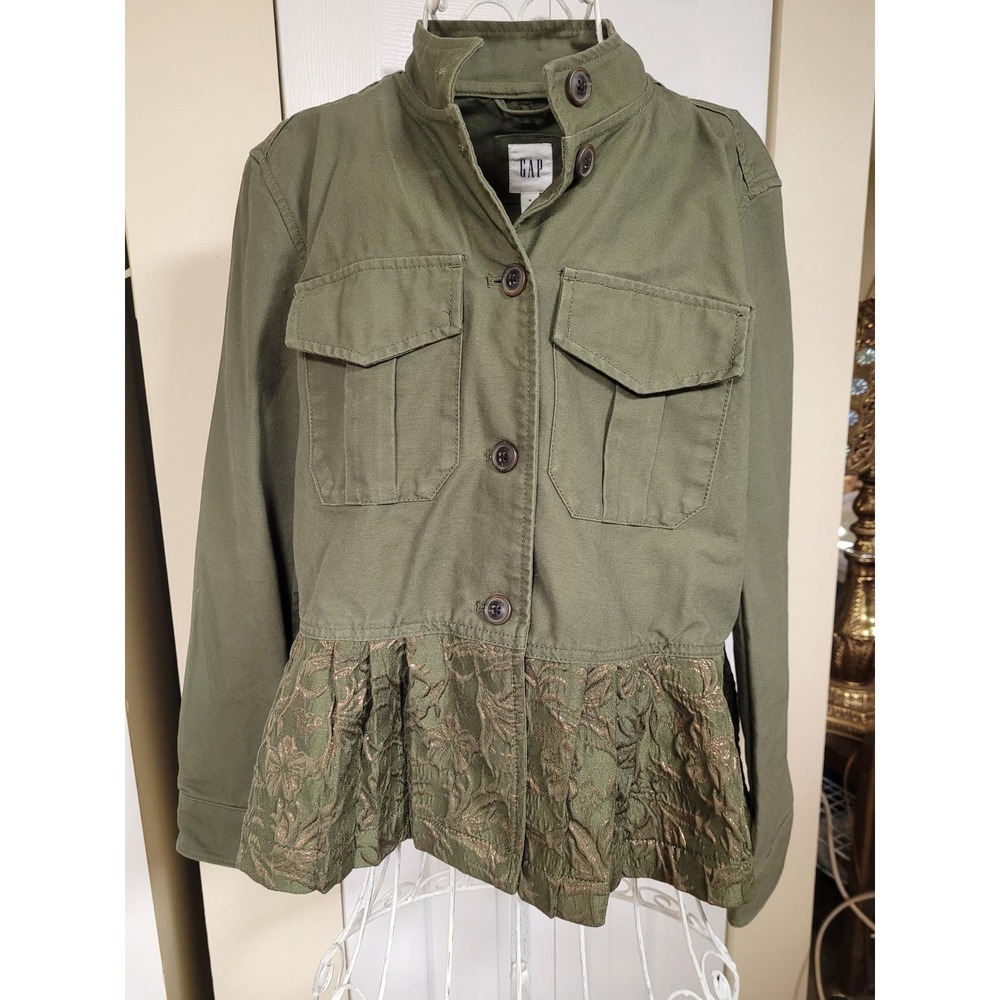 Gap Womens Olive Green Jacket Utility Metallic Floral Lace‎ Peplum Hem Size M